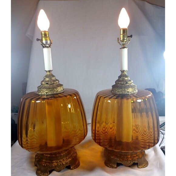 MUST BUY BOTH Vintage Mid Century Hollywood Regency Amber Glass Globe Table Lamp - Picture 3 of 16